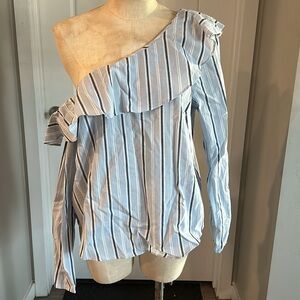 Blue Striped Off-Shoulder Shirt - Size L | Ruffle Detail, NWT | Stylish & Fresh